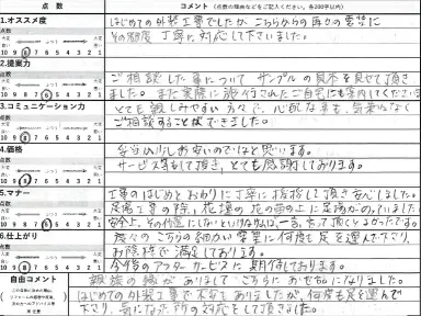 初めての外装工事で不安もありましたが何度も足を運んで下さり対応して頂きました。